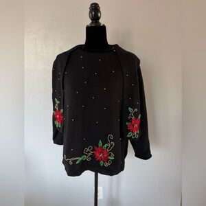Victoria Jones Woman Black Sweater with Red Floral Embroidery